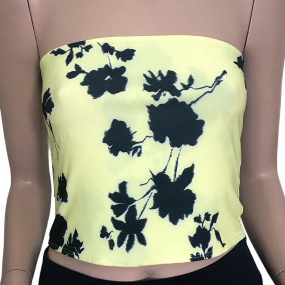 Open Edit Yellow and Black Floral Bandeau Top Cropped Tank